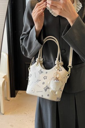 Korean-Style Printed Tote Bag for Women - Spring/Summer 2025, Textured Bucket Bag, Fresh & Simple Shoulder Crossbody Bag