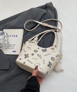 Korean-Style Printed Tote Bag for Women - Spring/Summer 2025, Textured Bucket Bag, Fresh & Simple Shoulder Crossbody Bag