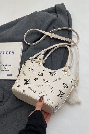 Korean-Style Printed Tote Bag for Women - Spring/Summer 2025, Textured Bucket Bag, Fresh & Simple Shoulder Crossbody Bag