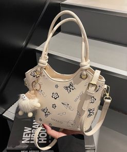 Korean-Style Printed Tote Bag for Women - Spring/Summer 2025, Textured Bucket Bag, Fresh & Simple Shoulder Crossbody Bag