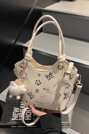 Korean-Style Printed Tote Bag for Women - Spring/Summer 2025, Textured Bucket Bag, Fresh & Simple Shoulder Crossbody Bag