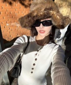 Korean Style Pumpkin Deep V-Neck Henley Knit Pullover Sweater - Cozy Wool Base Layer Top