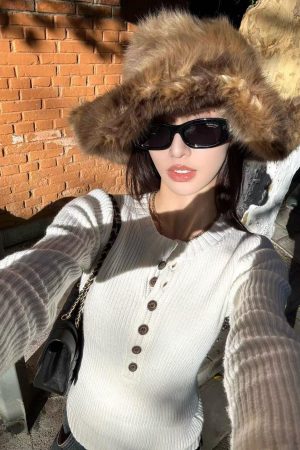 Korean Style Pumpkin Deep V-Neck Henley Knit Pullover Sweater - Cozy Wool Base Layer Top