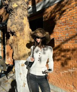 Korean Style Pumpkin Deep V-Neck Henley Knit Pullover Sweater - Cozy Wool Base Layer Top