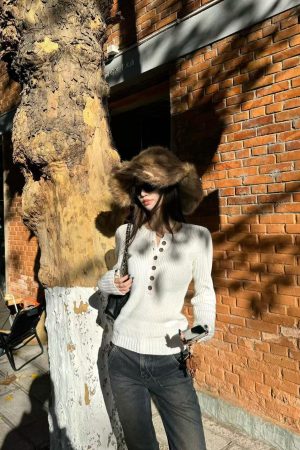 Korean Style Pumpkin Deep V-Neck Henley Knit Pullover Sweater - Cozy Wool Base Layer Top
