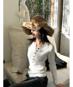 Korean Style Pumpkin Deep V-Neck Henley Knit Pullover Sweater - Cozy Wool Base Layer Top