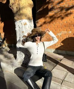 Korean Style Pumpkin Deep V-Neck Henley Knit Pullover Sweater - Cozy Wool Base Layer Top