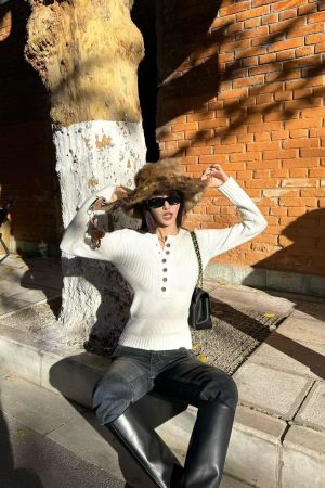Korean Style Pumpkin Deep V-Neck Henley Knit Pullover Sweater - Cozy Wool Base Layer Top