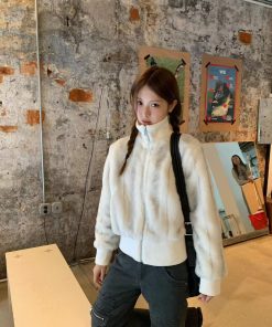 Korean Style Pumpkin Faux Mink Fur Coat with Eco-Friendly Knitted Splicing and High-Neck Zipper Detail