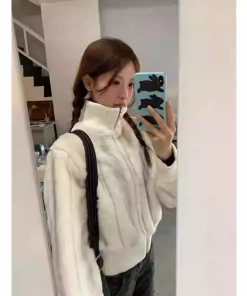 Korean Style Pumpkin Faux Mink Fur Coat with Eco-Friendly Knitted Splicing and High-Neck Zipper Detail