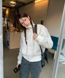 Korean Style Pumpkin Faux Mink Fur Coat with Eco-Friendly Knitted Splicing and High-Neck Zipper Detail