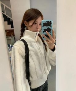 Korean Style Pumpkin Faux Mink Fur Coat with Eco-Friendly Knitted Splicing and High-Neck Zipper Detail