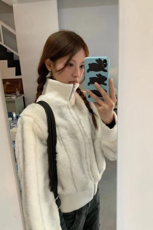 Korean Style Pumpkin Faux Mink Fur Coat with Eco-Friendly Knitted Splicing and High-Neck Zipper Detail