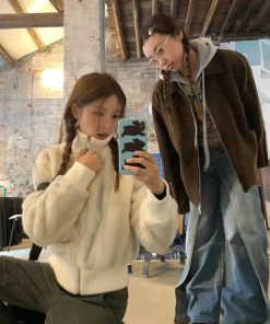 Korean Style Pumpkin Faux Mink Fur Coat with Eco-Friendly Knitted Splicing and High-Neck Zipper Detail