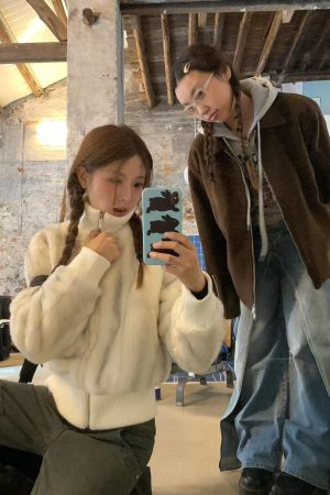 Korean Style Pumpkin Faux Mink Fur Coat with Eco-Friendly Knitted Splicing and High-Neck Zipper Detail
