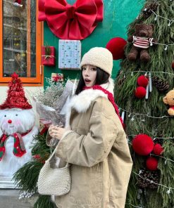 Korean Style Pumpkin Fox Fur Collar Parka Coat for Women - Stylish Loose Winter Workwear Outerwear