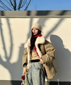 Korean Style Pumpkin Fox Fur Collar Parka Coat for Women - Stylish Loose Winter Workwear Outerwear