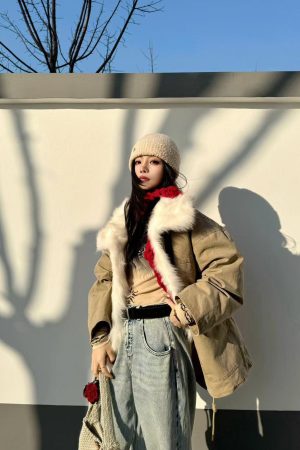 Korean Style Pumpkin Fox Fur Collar Parka Coat for Women - Stylish Loose Winter Workwear Outerwear