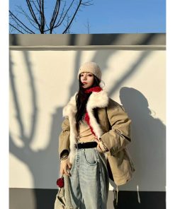 Korean Style Pumpkin Fox Fur Collar Parka Coat for Women - Stylish Loose Winter Workwear Outerwear