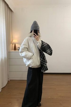 Korean Style Pumpkin Fur Patchwork Floral Collar Down Jacket for Women - Gathered Hem, Loose Fit, Cozy Chic Outerwear