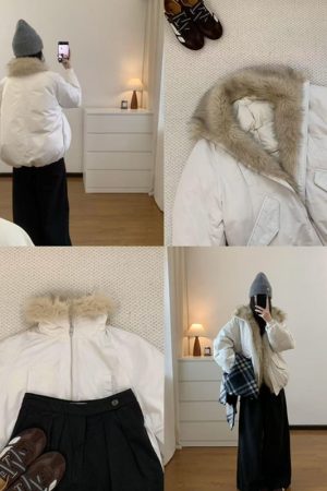 Korean Style Pumpkin Fur Patchwork Floral Collar Down Jacket for Women - Gathered Hem, Loose Fit, Cozy Chic Outerwear
