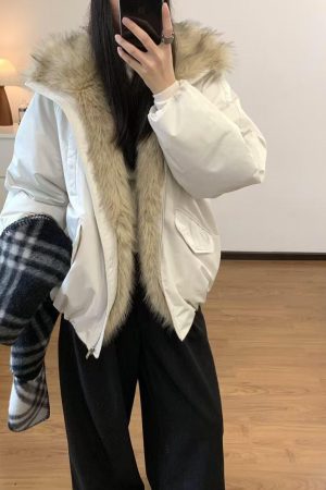 Korean Style Pumpkin Fur Patchwork Floral Collar Down Jacket for Women - Gathered Hem, Loose Fit, Cozy Chic Outerwear