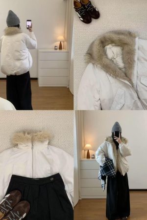 Korean Style Pumpkin Fur Patchwork Floral Collar Down Jacket for Women - Gathered Hem, Loose Fit, Cozy Chic Outerwear