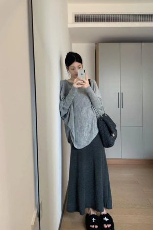 Korean Style Pumpkin Loose Batwing Sleeve Sweater for Women - Irregular Hem, Cozy Wool Design, Relaxed Fit