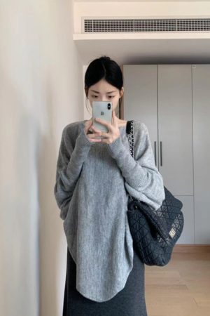 Korean Style Pumpkin Loose Batwing Sleeve Sweater for Women - Irregular Hem, Cozy Wool Design, Relaxed Fit