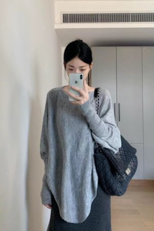 Korean Style Pumpkin Loose Batwing Sleeve Sweater for Women - Irregular Hem, Cozy Wool Design, Relaxed Fit