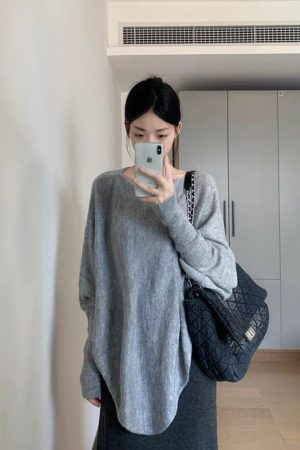 Korean Style Pumpkin Loose Batwing Sleeve Sweater for Women - Irregular Hem, Cozy Wool Design, Relaxed Fit