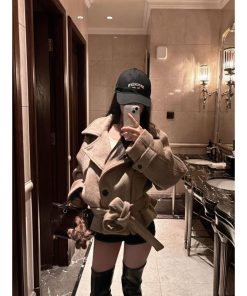 Korean Style Pumpkin Mousse Woolen Coat for Women - High-End Short Rice Grain Overcoat for Autumn Winter 2025