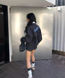 Korean Style Pumpkin Oil Painting Peace Dove Cardigan Sweater for Women - Loose Gray Knitted Top for Autumn and Winter