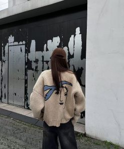 Korean Style Pumpkin Oil Painting Peace Dove Cardigan Sweater for Women - Loose Gray Knitted Top for Autumn and Winter