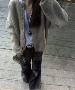 Korean Style Pumpkin Oil Painting Peace Dove Cardigan Sweater for Women - Loose Gray Knitted Top for Autumn and Winter