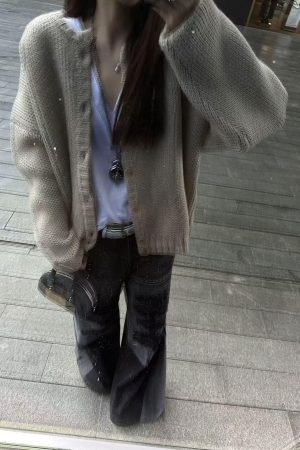 Korean Style Pumpkin Oil Painting Peace Dove Cardigan Sweater for Women - Loose Gray Knitted Top for Autumn and Winter
