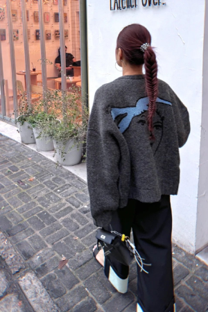 Korean Style Pumpkin Oil Painting Peace Dove Cardigan Sweater for Women - Loose Gray Knitted Top for Autumn and Winter