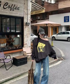 Korean Style Pumpkin Printed Sweatshirt for Women, Loose Casual Round Neck Off-Shoulder Deep Gray Top