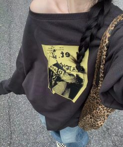 Korean Style Pumpkin Printed Sweatshirt for Women, Loose Casual Round Neck Off-Shoulder Deep Gray Top