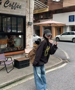 Korean Style Pumpkin Printed Sweatshirt for Women, Loose Casual Round Neck Off-Shoulder Deep Gray Top