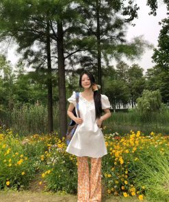 Korean Style Pumpkin Puff Sleeve Dress for Women, Summer Loose V-Neck, Daytime Fairy Short Skirt for Vacation