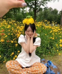 Korean Style Pumpkin Puff Sleeve Dress for Women, Summer Loose V-Neck, Daytime Fairy Short Skirt for Vacation