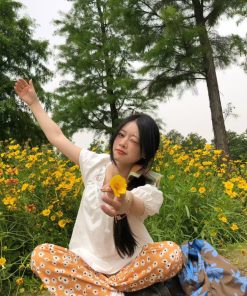 Korean Style Pumpkin Puff Sleeve Dress for Women, Summer Loose V-Neck, Daytime Fairy Short Skirt for Vacation