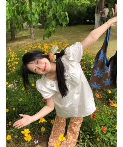 Korean Style Pumpkin Puff Sleeve Dress for Women, Summer Loose V-Neck, Daytime Fairy Short Skirt for Vacation