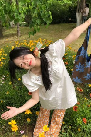 Korean Style Pumpkin Puff Sleeve Dress for Women, Summer Loose V-Neck, Daytime Fairy Short Skirt for Vacation