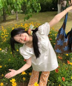 Korean Style Pumpkin Puff Sleeve Dress for Women, Summer Loose V-Neck, Daytime Fairy Short Skirt for Vacation