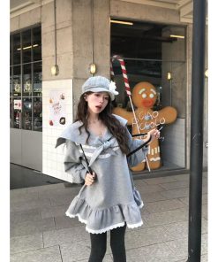Korean Style Pumpkin Ruffled Lace Hem Sweatshirt Dress with Sailor Collar and Bow Tie for Girls