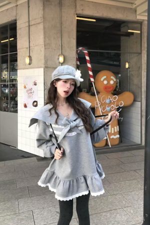 Korean Style Pumpkin Ruffled Lace Hem Sweatshirt Dress with Sailor Collar and Bow Tie for Girls