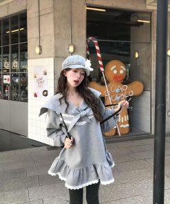 Korean Style Pumpkin Ruffled Lace Hem Sweatshirt Dress with Sailor Collar and Bow Tie for Girls