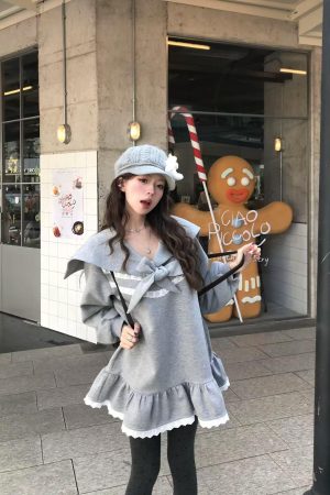 Korean Style Pumpkin Ruffled Lace Hem Sweatshirt Dress with Sailor Collar and Bow Tie for Girls